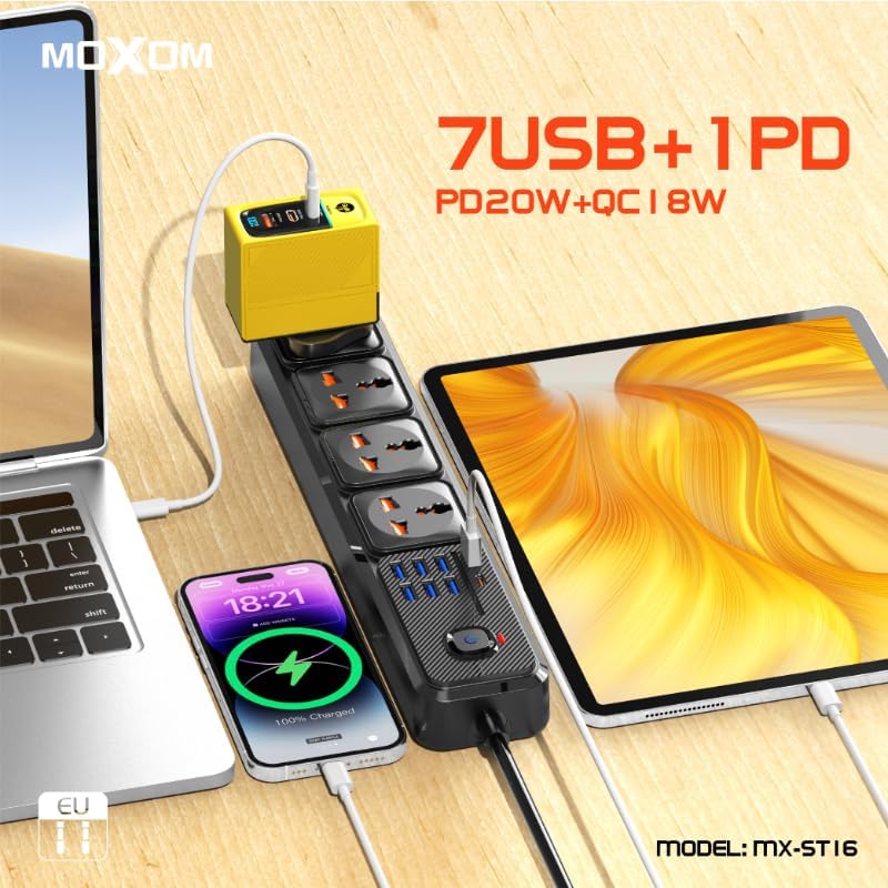 مشترك طاقة 12 في 1 مع خاصية الشحن السريع و4 مقابس و7 منافذ USB و1 منفذ نوع سي... - الصورة 2